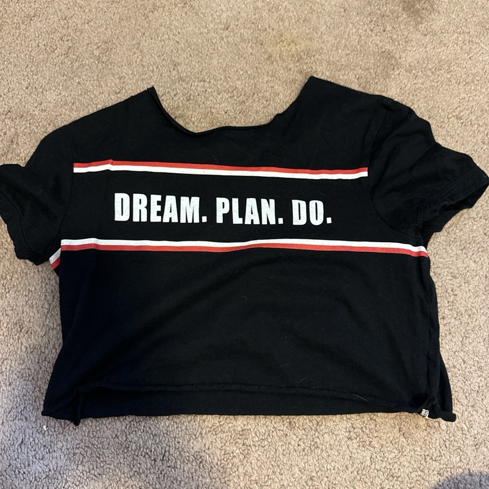 H&M Black Crop Tee with White & Red Stripes - 'DREAM. PLAN. DO.'